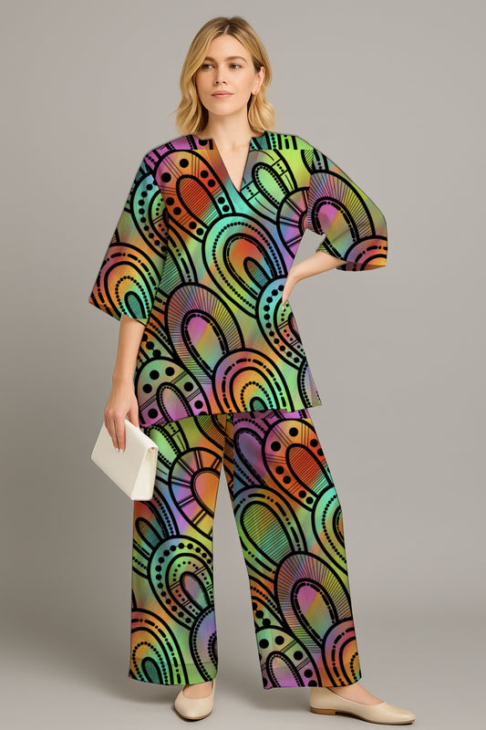 Women's Relaxed Tunic & Wide-Leg Pants Set- with Aboriginal Art Print-Kara Karanfilovski