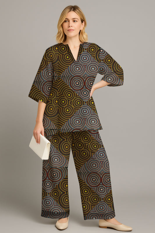 Women's Relaxed Tunic & Wide-Leg Pants Set- with Aboriginal Art Print - Zara Newell