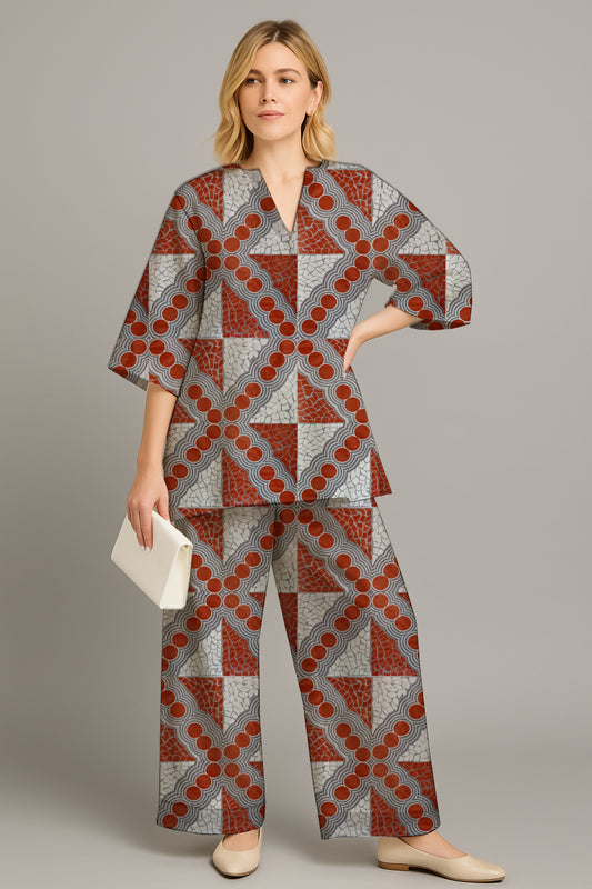 Women's Relaxed Tunic & Wide-Leg Pants Set- with Aboriginal Art Print-Emily Mbitjana