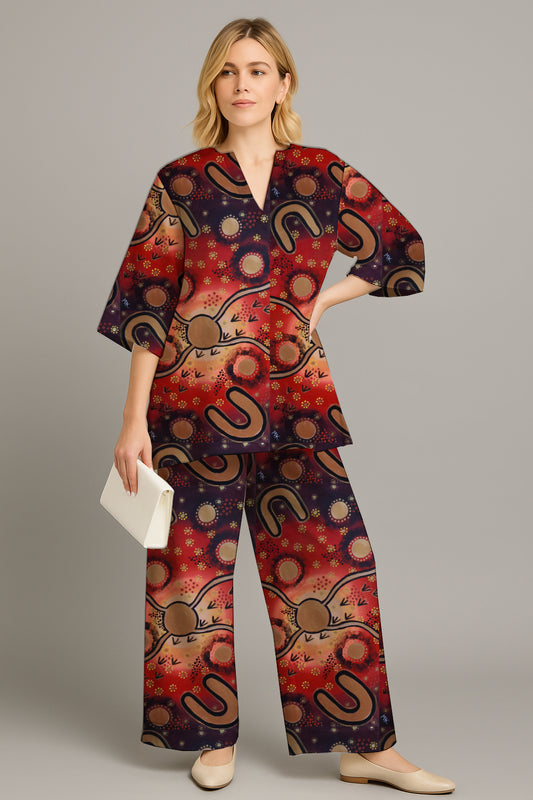 Women's Relaxed Tunic & Wide-Leg Pants Set- with Aboriginal Art Print -Megan Kennedy