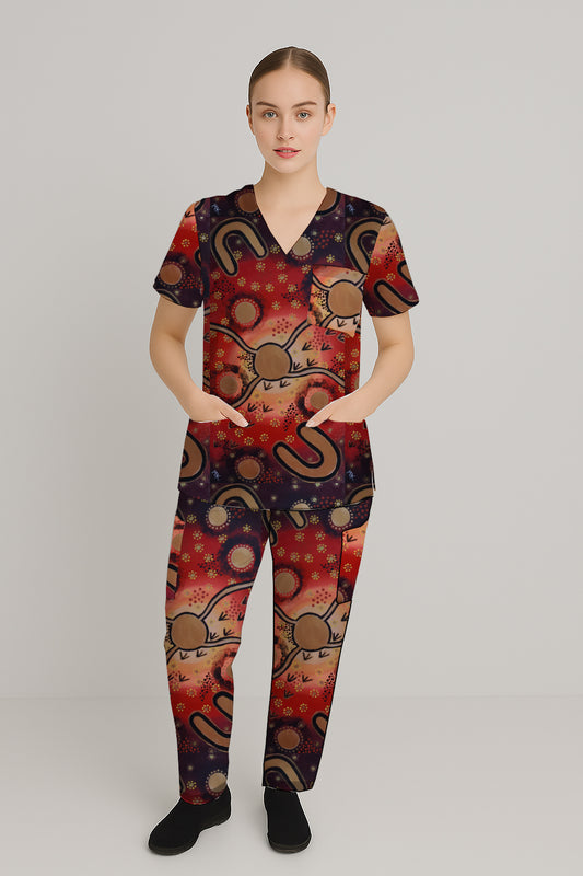 Women’s Scrub Set - Top and Pants with Aborginal Art Print -  Megan Kennedy