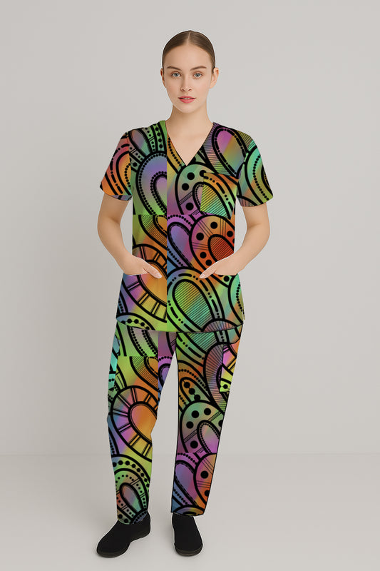 Women’s Scrub Set - Top and Pants with Aborginal Art Print - Kara Karanfilovski