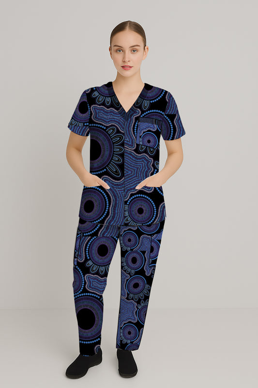 Women’s Scrub Set - Top and Pants  with Aborginal Art Print- Kara Karanfilovski