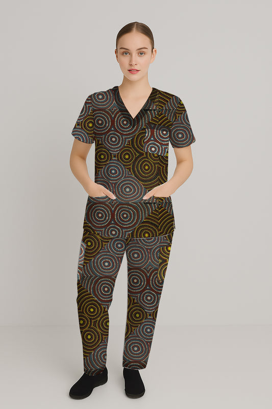 Women’s Scrub Set - Top and Pants with Aborginal Art Print - Zara Newell