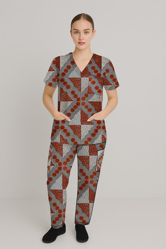 Women’s Scrub Set - Top and Pants with Aborginal Art Print- Emily Mbitjana