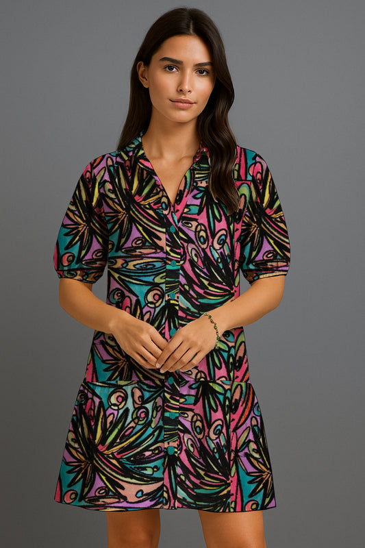 Puff-Sleeve Button-Front Mini Dress - Debbie Jubrail