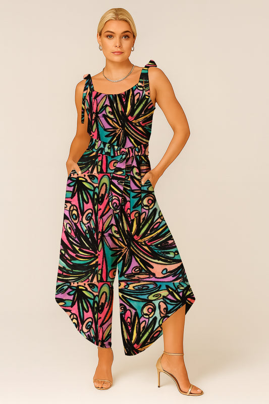 Women's Tie-Shoulder Wide-Leg Jumpsuit with Art Print - Debbie Jubrail